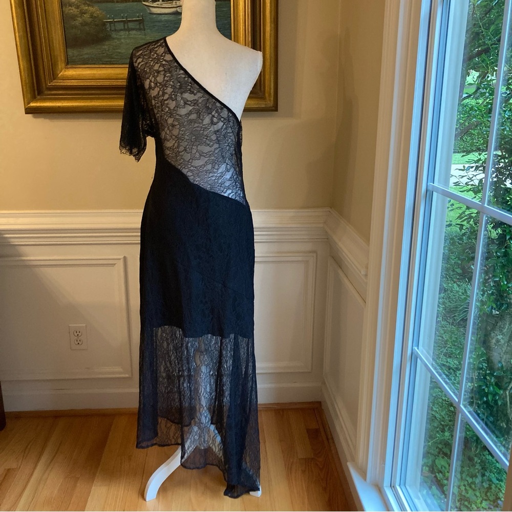 ASOS Black Lace Asymmetrical One Shoulder Slip Dress NWOT - Picture 6 of 9